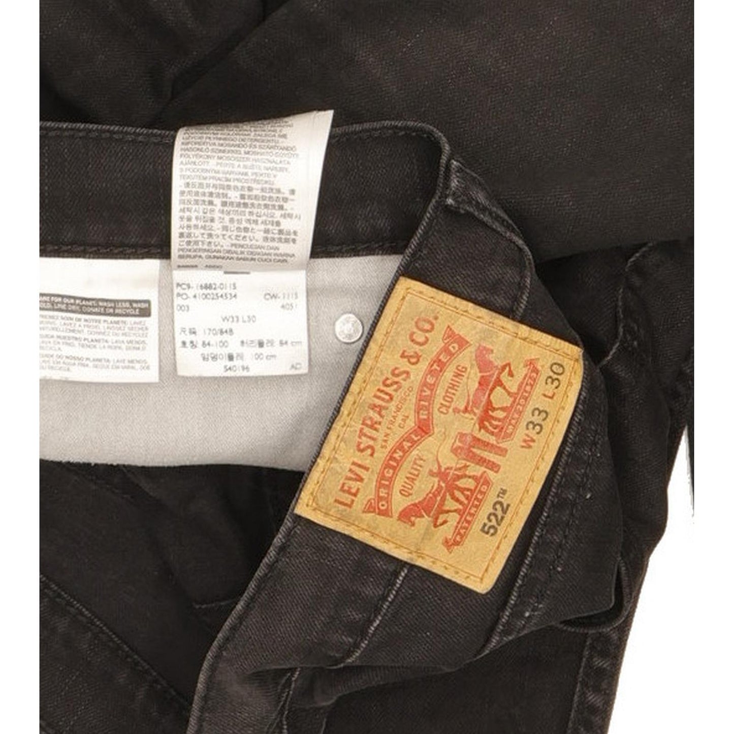 Levi's 522 Men Black Tapered Slim Stretch Jeans W33 L30