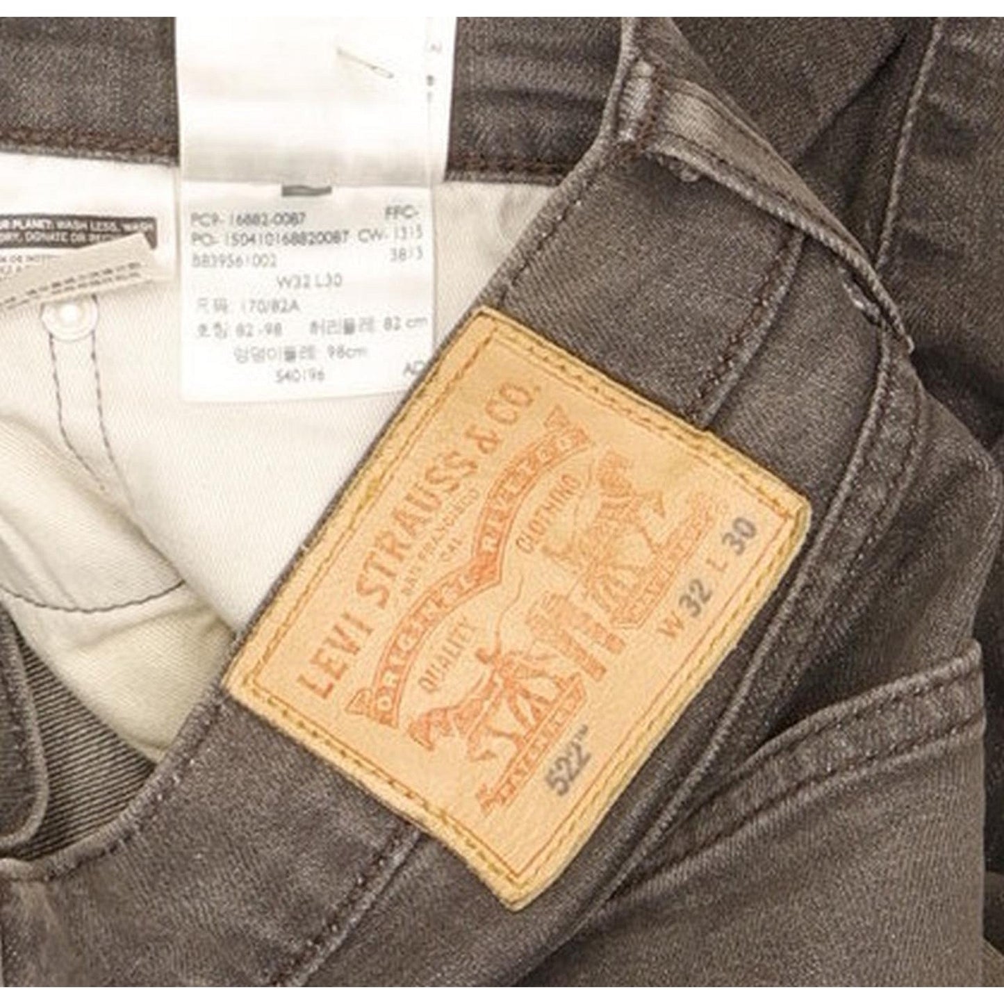 Levi's 522 Men Grey Tapered Slim Stretch Jeans W33 L27